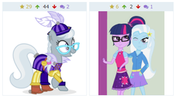 Size: 440x244 | Tagged: safe, silver spoon, trixie, twilight sparkle, derpibooru, equestria girls, g4, approved, female, juxtaposition, lesbian, meta, ship:twixie, shipping