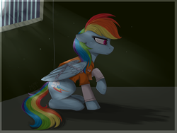 Size: 2007x1509 | Tagged: safe, artist:haruhi-il, rainbow dash, pony, g4, backwards cutie mark, bound wings, chains, clothes, female, floppy ears, jail, prison, prison outfit, prisoner rd, sad, solo