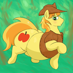 Size: 2500x2500 | Tagged: safe, artist:lupin quill, braeburn, earth pony, pony, g4, abstract background, bedroom eyes, belly, bhm, big belly, big boys, blushing, braeblob, fat, forest, high res, male, obese, solo, stallion, strong fat