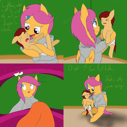 Size: 1000x1000 | Tagged: safe, scootaloo, oc, oc:lightning blitz, pegasus, pony, comic:ask motherly scootaloo, g4, baby, baby pony, colt, comic, crying, cute, female, hairpin, holding a pony, male, mother and son, motherly scootaloo, mouth cam, offspring, older, older scootaloo, parent:rain catcher, parent:scootaloo, parents:catcherloo, sweatshirt, teething