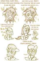 Size: 2172x3311 | Tagged: safe, artist:boulderthedragon, scootaloo, oc, oc:lightning blitz, pegasus, pony, ask cloudsdale fillies, comic:ask motherly scootaloo, g4, baby, baby pony, book, colt, comic, crying, cute, female, hairpin, high res, male, monochrome, mother and son, motherly scootaloo, nom, offspring, older, older scootaloo, parent:rain catcher, parent:scootaloo, parents:catcherloo, sweatshirt, teething, toy