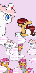 Size: 2000x4000 | Tagged: safe, nurse redheart, scootaloo, oc, oc:lightning blitz, pegasus, pony, comic:ask motherly scootaloo, g4, baby, baby pony, colt, comic, dialogue, hairpin, male, motherly scootaloo, offspring, older, older scootaloo, parent:rain catcher, parent:scootaloo, parents:catcherloo, pink background, simple background, speech bubble, sweatshirt, teething