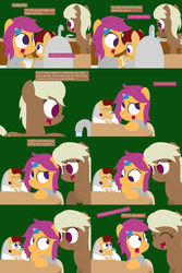 Size: 2560x3840 | Tagged: safe, artist:dtcx97, scootaloo, oc, oc:lightning blitz, oc:sandy hooves, pegasus, pony, comic:ask motherly scootaloo, g4, baby, baby bottle, baby pony, colt, comic, dialogue, female, green background, hairpin, high res, male, milk, mother and son, motherly scootaloo, offspring, older, older scootaloo, parent:rain catcher, parent:scootaloo, parents:catcherloo, simple background, sink, sweatshirt, teething