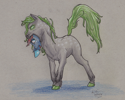 Size: 2000x1605 | Tagged: safe, artist:theandymac, oc, oc only, oc:pisces, oc:seaward skies, kelpie, pegasus, pony, coat markings, dappled, eating, fetish, glowing eyes, long tail, male, open mouth, raised tail, sharp teeth, swallowing, tail, teeth, throat bulge, traditional art, unshorn fetlocks, vore