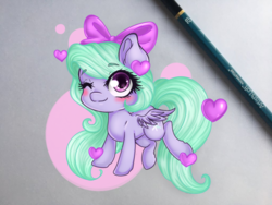 Size: 900x675 | Tagged: safe, artist:bunnywhiskerz, artist:emberslament, flitter, pegasus, pony, g4, bow, chibi, cute, female, flitterbetes, hair bow, heart, mare, one eye closed, smiling, solo, wink