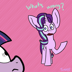 Size: 1280x1280 | Tagged: safe, artist:tomazii7, starlight glimmer, twilight sparkle, pony, unicorn, g4, 30 minute art challenge, bunny ears, female, impossibly large ears, mare, open mouth, raised hoof