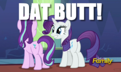 Size: 462x275 | Tagged: safe, edit, edited screencap, screencap, rarity, starlight glimmer, pony, unicorn, g4, butt, caption, discovery family logo, female, grin, image macro, mare, meme, plot, smiling