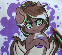 Size: 3279x2948 | Tagged: safe, artist:emberslament, oc, oc only, oc:cocoa dot, bat pony, pony, female, food, high res, jam, jar, mare, solo, traditional art