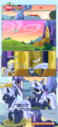 Size: 1919x4225 | Tagged: safe, artist:estories, derpy hooves, oc, oc:silverlay, original species, pony, umbra pony, unicorn, comic:a(pple)ffection, g4, comic, female, mare, pointy ponies