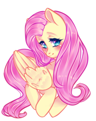 Size: 1590x2000 | Tagged: safe, artist:marselianya, fluttershy, pony, g4, blushing, female, folded wings, looking at you, looking sideways, simple background, solo, transparent background, turned head