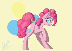 Size: 2550x1800 | Tagged: safe, artist:lone-wolf2011, pinkie pie, earth pony, pony, g4, alternate hairstyle, female, headband, looking at you, mare, raised hoof, simple background, solo