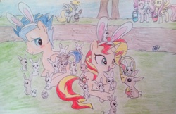 Size: 2414x1560 | Tagged: safe, artist:askflashshimmer, derpy hooves, flash sentry, fluttershy, pinkie pie, sunset shimmer, pony, g4, easter, female, holiday, male, ship:flashimmer, shipping, straight, traditional art