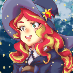 Size: 2479x2479 | Tagged: safe, artist:kenishra, sunset shimmer, equestria girls, g4, anime, clothes, crossover, cute, female, hat, high res, little witch academia, open mouth, shimmerbetes, smiling, solo, witch, witch hat