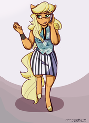 Size: 1300x1800 | Tagged: safe, artist:lxxjunebugxxl, applejack, earth pony, anthro, unguligrade anthro, g4, alternate universe, cellphone, clothes, female, phone, shirt, skirt, solo