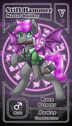 Size: 800x1399 | Tagged: safe, artist:vavacung, oc, oc only, oc:stiff hammer, bat pony, pony, brush, clothes, hammer, looking at you, male, pactio card, solo, wrench