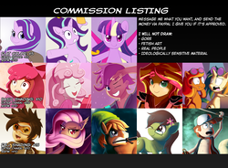 Size: 2000x1473 | Tagged: safe, artist:zelc-face, apple bloom, dj pon-3, fluttershy, quarter hearts, scootaloo, starlight glimmer, sunset shimmer, sweetie belle, twilight sparkle, vinyl scratch, oc, oc:prickly pears, oc:spicy demon, alicorn, bat pony, pony, equestria girls, g4, advertisement, commission info, cutie mark crusaders, dipper pines, flutterbat, goggles, gravity falls, link, male, overwatch, race swap, the legend of zelda, tracer, twilight sparkle (alicorn)