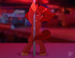 Size: 800x625 | Tagged: safe, artist:panda-jenn, oc, oc only, oc:spicy demon, pony, base used, female, solo, stripper pole, sultry pose
