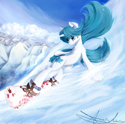 Size: 1600x1592 | Tagged: safe, artist:aurelleah, oc, oc only, oc:apricity, alicorn, pony, alicorn oc, bronycan, canada, cloud, cute, female, maple leaf, mare, messy mane, mountain, mountain range, painting, snow, snowboard, snowboarding, solo, winter