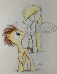 Size: 1569x2025 | Tagged: safe, artist:pajaga, derpy hooves, doctor whooves, time turner, earth pony, pegasus, pony, g4, eyes closed, female, happy, looking back, looking up, male, ship:doctorderpy, shipping, smiling, spread wings, straight, traditional art, wings
