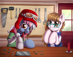Size: 2800x2200 | Tagged: safe, artist:evomanaphy, oc, oc only, oc:co-pilot, oc:molten mallard, pony, amputee, crosscut saw, cute, door, duo, excited, female, glasses, goggles, high res, mallet, mare, ocbetes, prosthetic limb, prosthetics, repairing, saw, screwdriver, wrench