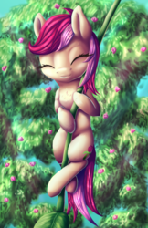 Size: 832x1283 | Tagged: safe, artist:francusfri, roseluck, earth pony, pony, g4, climbing, eyes closed, female, mare, smiling, solo