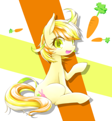Size: 923x1000 | Tagged: source needed, safe, artist:hashioaryut, oc, oc only, earth pony, pony, carrot, food, looking at you, raised hoof, sitting, solo