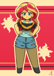 Size: 1000x1400 | Tagged: safe, artist:acesrockz, sunset shimmer, equestria girls, g4, clothes, female, hand on hip, looking at you, rad, smiling, solo, torn clothes