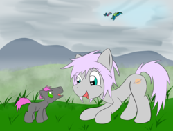 Size: 2048x1556 | Tagged: safe, artist:wingcommanderrudoji, oc, oc only, oc:contrail, earth pony, pegasus, pony, female, flying, foal, hill, male, mother and son, outdoors, playing, wonderbolts