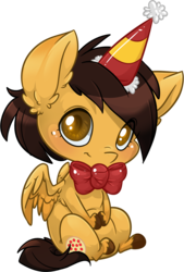 Size: 1245x1842 | Tagged: safe, artist:kez, oc, oc only, oc:pizza express, pegasus, pony, bowtie, chibi, hat, party hat, simple background, solo, transparent background