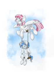 Size: 2495x3373 | Tagged: safe, artist:kez, oc, oc only, oc:little tinker, earth pony, pegasus, pony, female, flying, high res, male, mother, simple background, son, white background