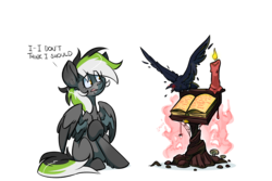 Size: 4416x2942 | Tagged: safe, artist:kez, oc, oc only, oc:graphite sketch, bird, crow, pegasus, pony, askthegraphitesketch, book, candle, female, glowing eyes, mare, piercing, simple background, solo, transparent background