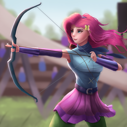 Size: 1000x1000 | Tagged: safe, artist:vanillaghosties, fluttershy, human, equestria girls, g4, my little pony equestria girls: friendship games, archer, armpits, arrow, bow (weapon), bow and arrow, clothes, female, humanized, smiling, solo, weapon