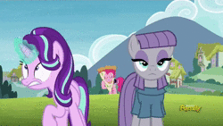 Size: 1280x720 | Tagged: safe, edit, screencap, derpy hooves, maud pie, pinkie pie, starlight glimmer, earth pony, pony, g4, rock solid friendship, animated, female, food, male, music, pizza, pizza head, pizza pie, pizza time, sound, spider-man, spider-man 2, webm