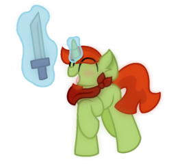 Size: 870x834 | Tagged: safe, artist:thefanficfanpony, oc, oc only, oc:dragon heart, pony, happy, solo, sword, weapon