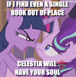 Size: 1040x1060 | Tagged: safe, edit, edited screencap, screencap, starlight glimmer, twilight sparkle, pony, g4, book, bookhorse, female, that pony sure does love books, threat