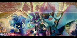 Size: 2800x1400 | Tagged: safe, artist:ruhisu, starlight glimmer, trixie, oc, oc:brave wing, pony, g4, clothes, cops, houses, levitation, magic, neighborhood, open mouth, paper, pen, police, police officer, sunglasses, telekinesis, underhoof