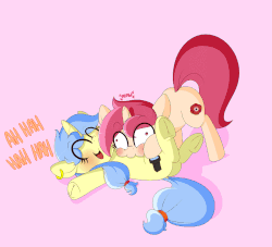 Size: 1012x920 | Tagged: safe, artist:fullmetalpikmin, oc, oc only, oc:poppy seed, oc:viewing pleasure, pony, unicorn, tumblr:ask viewing pleasure, g4, adorable face, animated, blushing, butt, cute, derp, dock, eyebrows, eyebrows visible through hair, eyes closed, featured image, female, flappy animation, gif, hoofy-kicks, laughing, lying down, on back, onomatopoeia, plot, raspberry, raspberry noise, silly, tickling, tummy buzz, underhoof