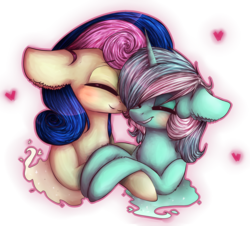 Size: 1717x1555 | Tagged: safe, artist:kilamuri, bon bon, lyra heartstrings, sweetie drops, earth pony, pony, unicorn, g4, blushing, eyes closed, female, lesbian, mare, ship:lyrabon, shipping, smiling