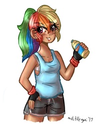 Size: 2975x3850 | Tagged: safe, artist:mylittleyuri, rainbow dash, human, g4, athlete, blushing, bra, clothes, digital art, female, hand on hip, high res, humanized, implied exercise, looking at you, multicolored hair, ponytail, shorts, solo, sports bra, sports shorts, tank top, underwear, water bottle, wristband