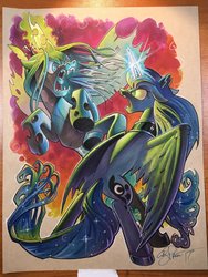 Size: 768x1024 | Tagged: safe, artist:andypriceart, princess luna, queen chrysalis, alicorn, changeling, pony, g4, duo, female, fight, glowing horn, horn, mare, traditional art, watercolor painting