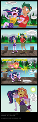 Size: 950x2993 | Tagged: safe, artist:niban-destikim, sci-twi, sunset shimmer, timber spruce, twilight sparkle, equestria girls, g4, my little pony equestria girls: legend of everfree, bad pickup line, boots, clothes, comic, commission, converse, crouch, crouching, disproportionate retribution, ducking, falcon punch, female, jealous, lake, legs, lesbian, parody, possessive, punch, scene parody, ship:sci-twishimmer, ship:sunsetsparkle, shipping, shipping denied, shipping war, shoes, sneakers, socks, timber spruce drama
