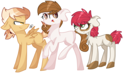 Size: 2098x1249 | Tagged: safe, artist:gallantserver, oc, oc only, oc:chicken wings, oc:cocoa belle, oc:pippin apple, earth pony, pegasus, pony, concave belly, crystalverse, female, filly, foal, next generation, offspring, parent:apple bloom, parent:button mash, parent:featherweight, parent:pipsqueak, parent:scootaloo, parent:sweetie belle, parents:pipbloom, parents:scootaweight, parents:sweetiemash, raised hoof, simple background, transparent background