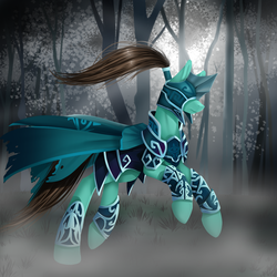 Size: 1400x1400 | Tagged: safe, artist:santagiera, oc, oc only, pony, armor, cape, clothes, forest, galloping, solo