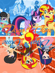 Size: 768x1024 | Tagged: safe, artist:shinzakura, octavia melody, sci-twi, sunset shimmer, twilight sparkle, oc, oc:raspberry beryl, alicorn, human, pony, unicorn, seven days in sunny june, equestria girls, g4, angry, bomber jacket, clothes, done, fanfic, fanfic art, fanfic cover, human coloration, human ponidox, inverted, jacket, japanese, kanji, self ponidox, twilight sparkle (alicorn)