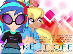 Size: 1024x768 | Tagged: safe, artist:shinzakura, cloud kicker, dj pon-3, vinyl scratch, seven days in sunny june, equestria girls, g4, fanfic, fanfic art, fanfic cover, human coloration