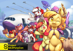 Size: 1697x1200 | Tagged: safe, artist:xennos, apple bloom, sweetie belle, oc, oc:indonisty, oc:kwankao, oc:pearl shine, oc:rosa blossomheart, oc:temmy, alicorn, earth pony, pegasus, pony, unicorn, project seaponycon, g4, aircraft, airport, alicorn oc, boeing, boeing 777, cute, female, filly, group, indonesia, malaysia, mare, mascot, nation ponies, philippines, ponified, singapore, smiling, thailand