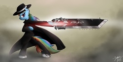 Size: 3036x1536 | Tagged: safe, artist:jasper77wang, rainbow dash, pony, g4, female, hat, solo, standing, sword, weapon