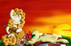 Size: 2808x1808 | Tagged: safe, artist:supermoix, bright mac, pear butter, bird, pony, g4, the perfect pear, acoustic guitar, applejack's parents, cowboy hat, female, grass, guitar, hat, husband and wife, male, musical instrument, one eye closed, ship:brightbutter, sitting, stetson, sunset