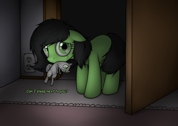 Size: 1789x1265 | Tagged: safe, artist:sherwoodwhisper, artist:smoldix, edit, oc, oc only, oc:filly anon, earth pony, pony, crying, cute, ears back, female, filly, foamy the squirrel, mouth hold, plushie, scared, trace