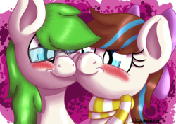 Size: 3508x2480 | Tagged: safe, artist:clayman778, oc, oc only, oc:bing, oc:breezy, pony, bingzy, clothes, cute, duo, high res, looking at each other, scarf, simple background, snuggling